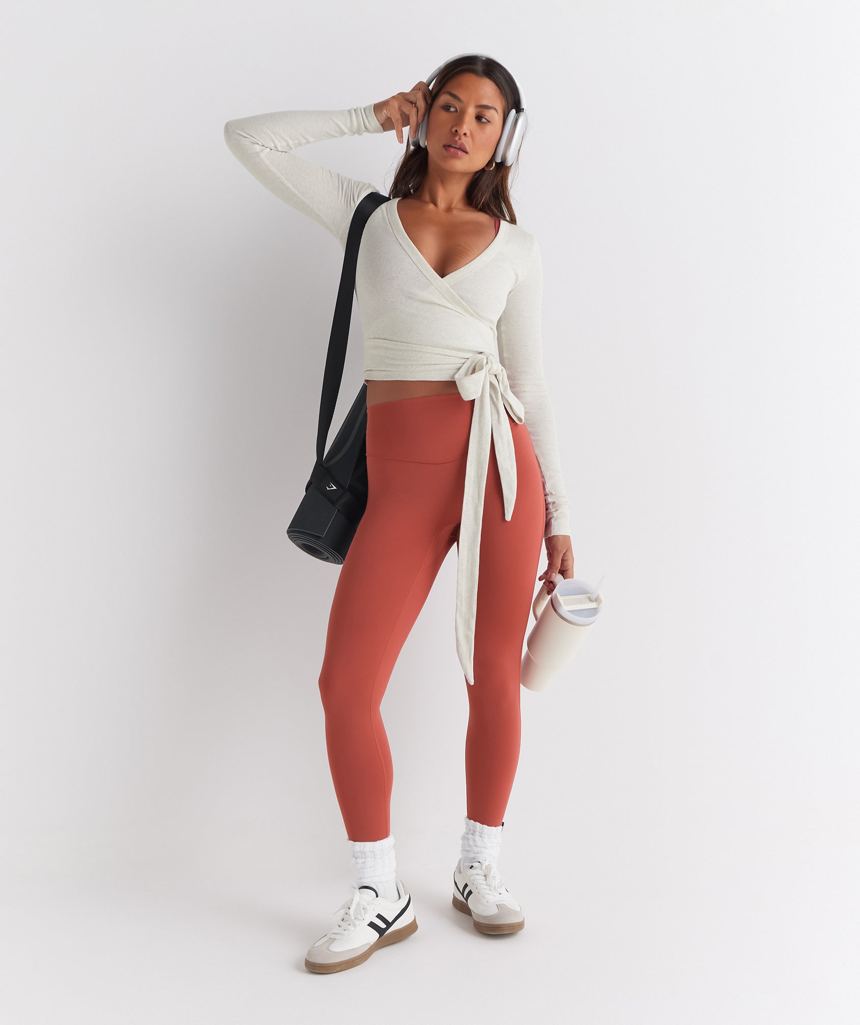 GYMSHARK Gymshark Crisscross-Wrap Long-Sleeve Workout Shirt - Heather Frost White Marl 