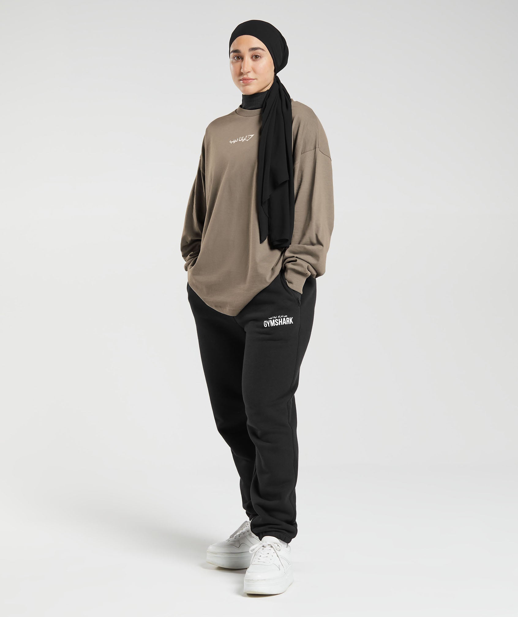 GYMSHARK GS X Leana Deeb Relaxed Fit Long Sleeve Shirt - Soft Brushed Brown Fabric 
