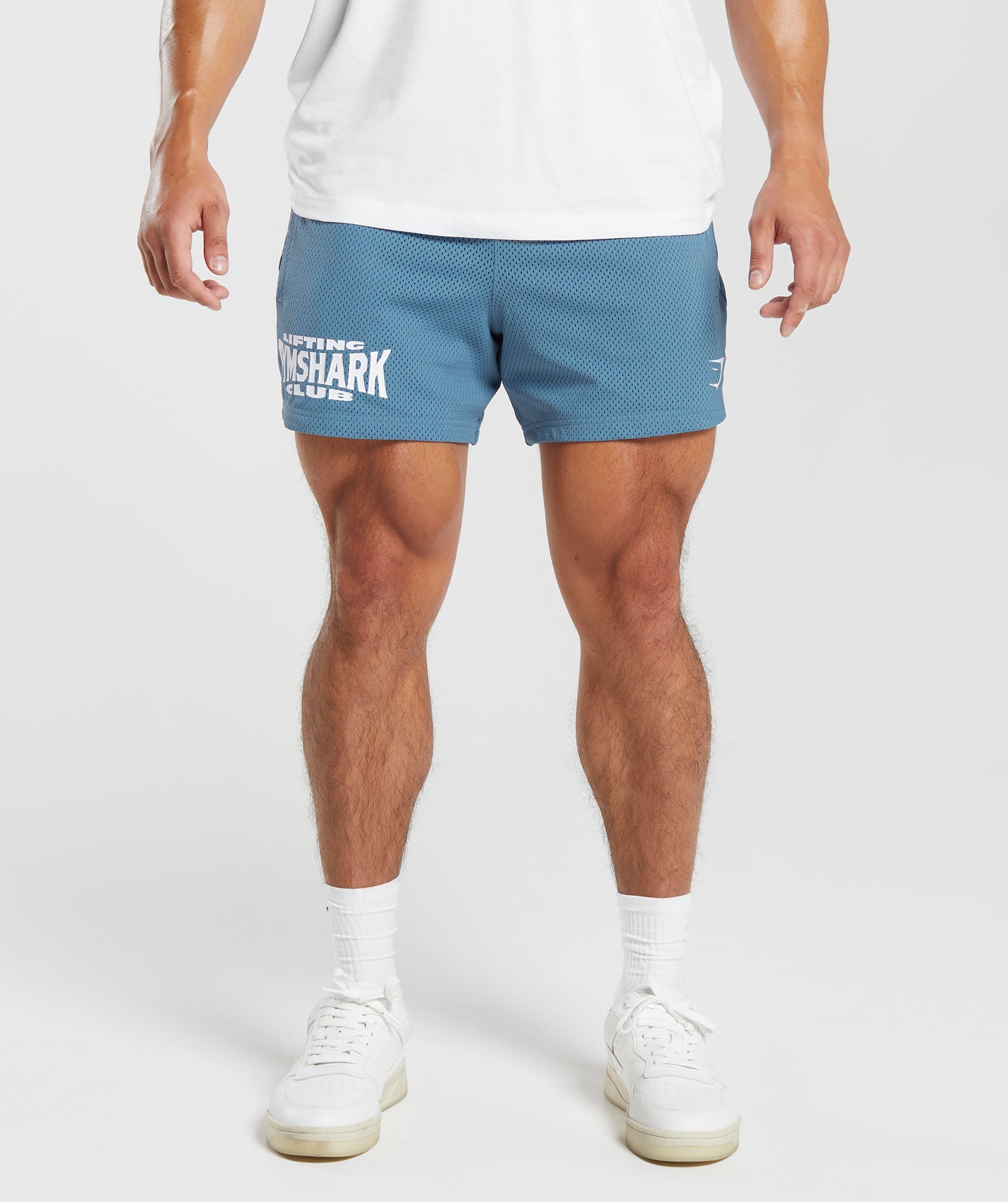 GYMSHARK Performance 5" Workout Shorts with Mesh Panels - Lifting Club Design in Denim Blue