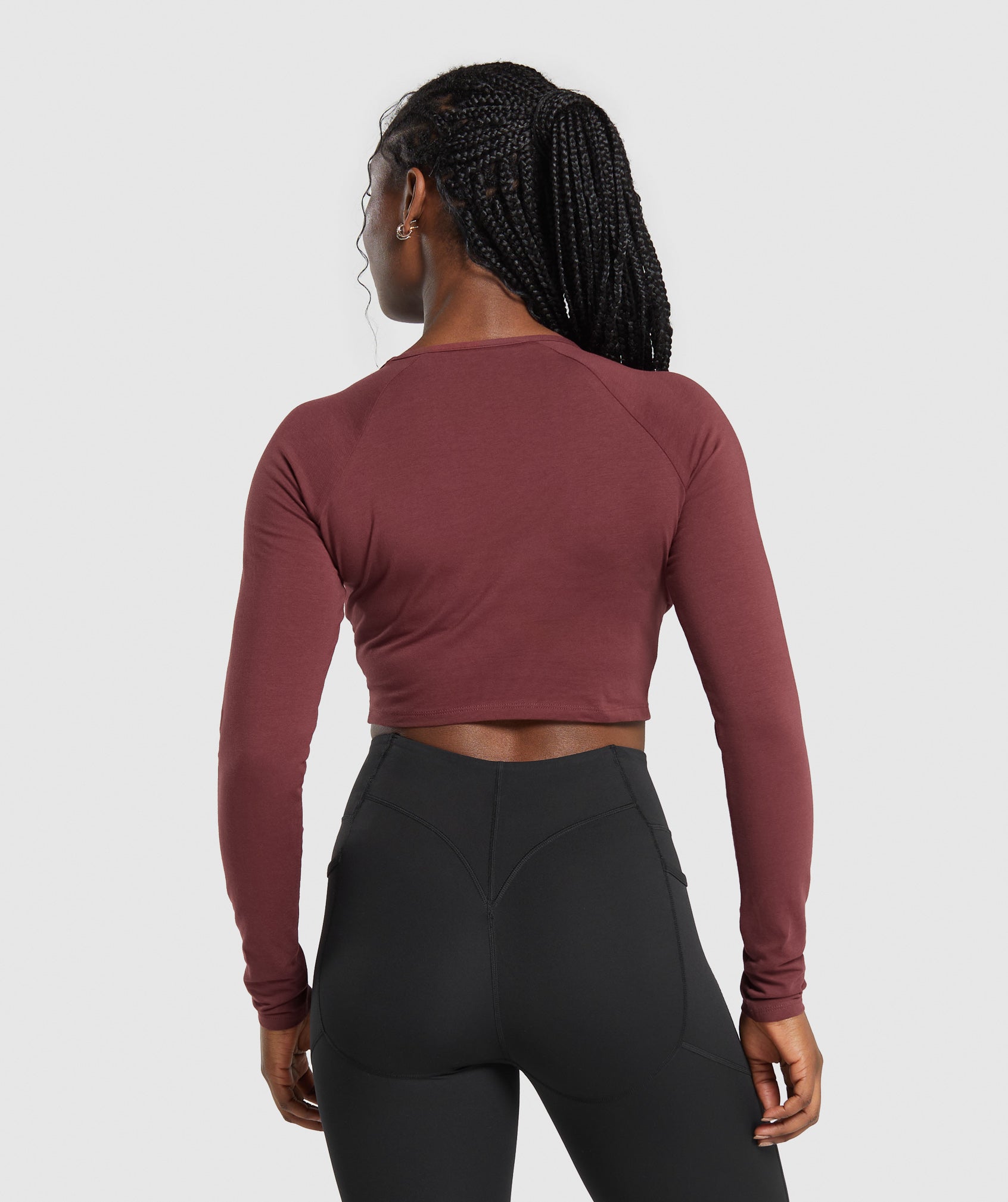 GYMSHARK Essential Workout Cropped Long Sleeve Top - Rich Burgundy Brown 
