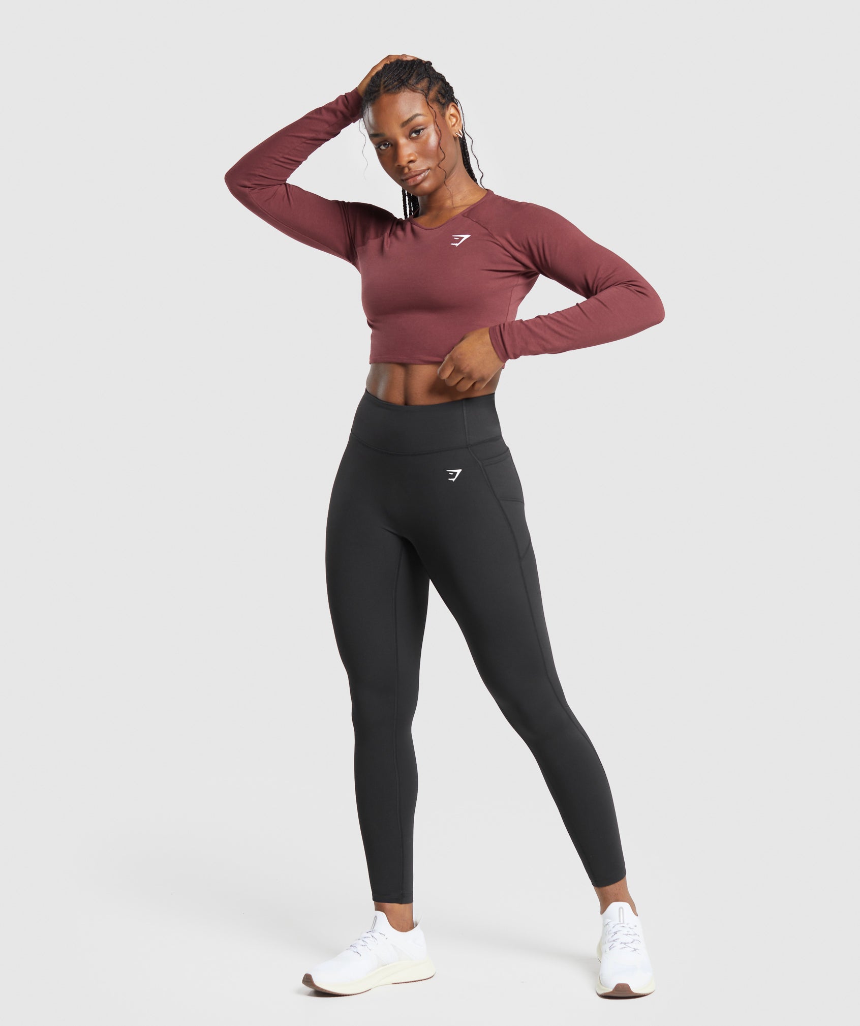 GYMSHARK Essential Workout Cropped Long Sleeve Top - Rich Burgundy Brown 