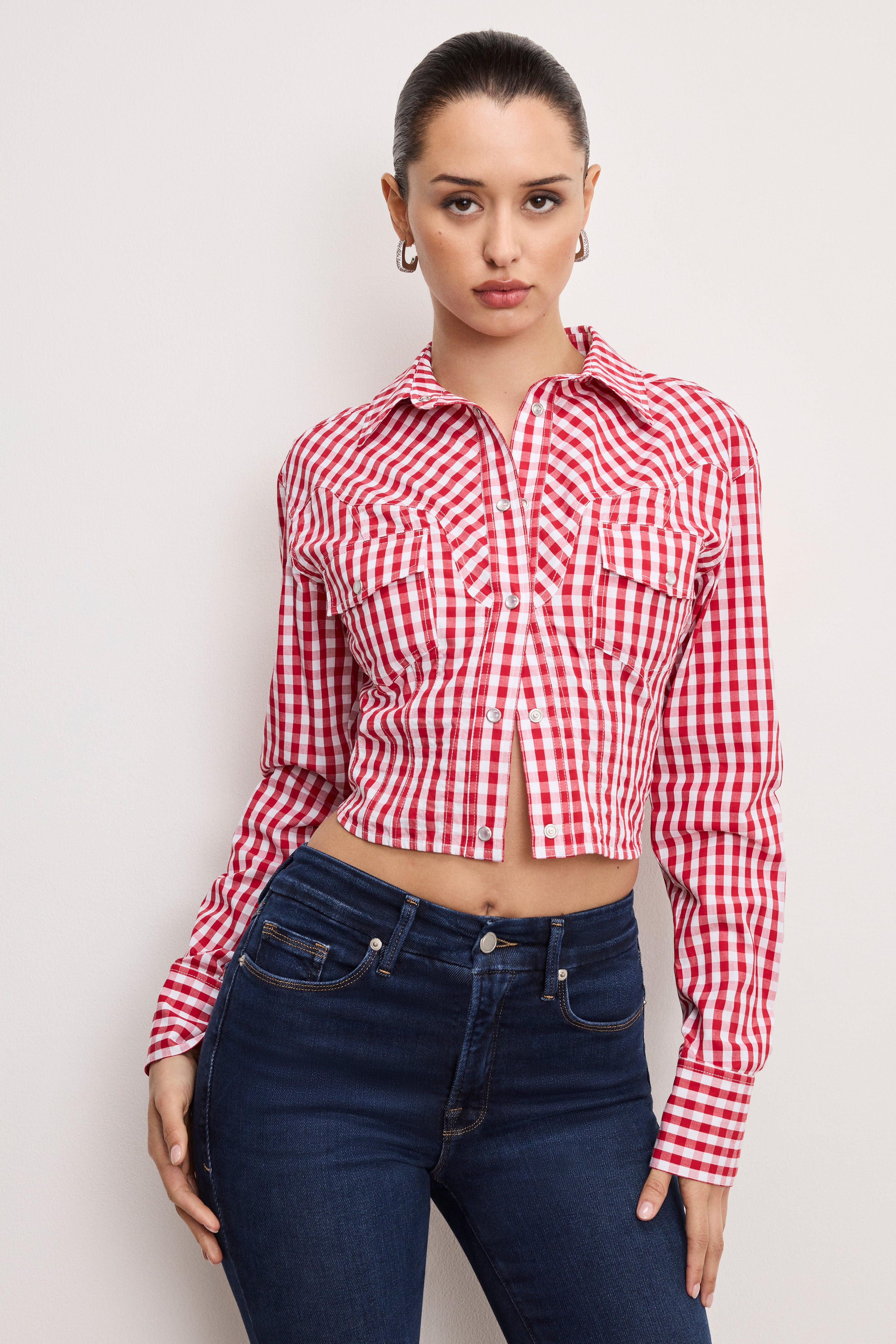 GOOD AMERICAN Dolly Western-Inspired Corset Top | Rustic Charm in Crimson/White Checkered Gingham
