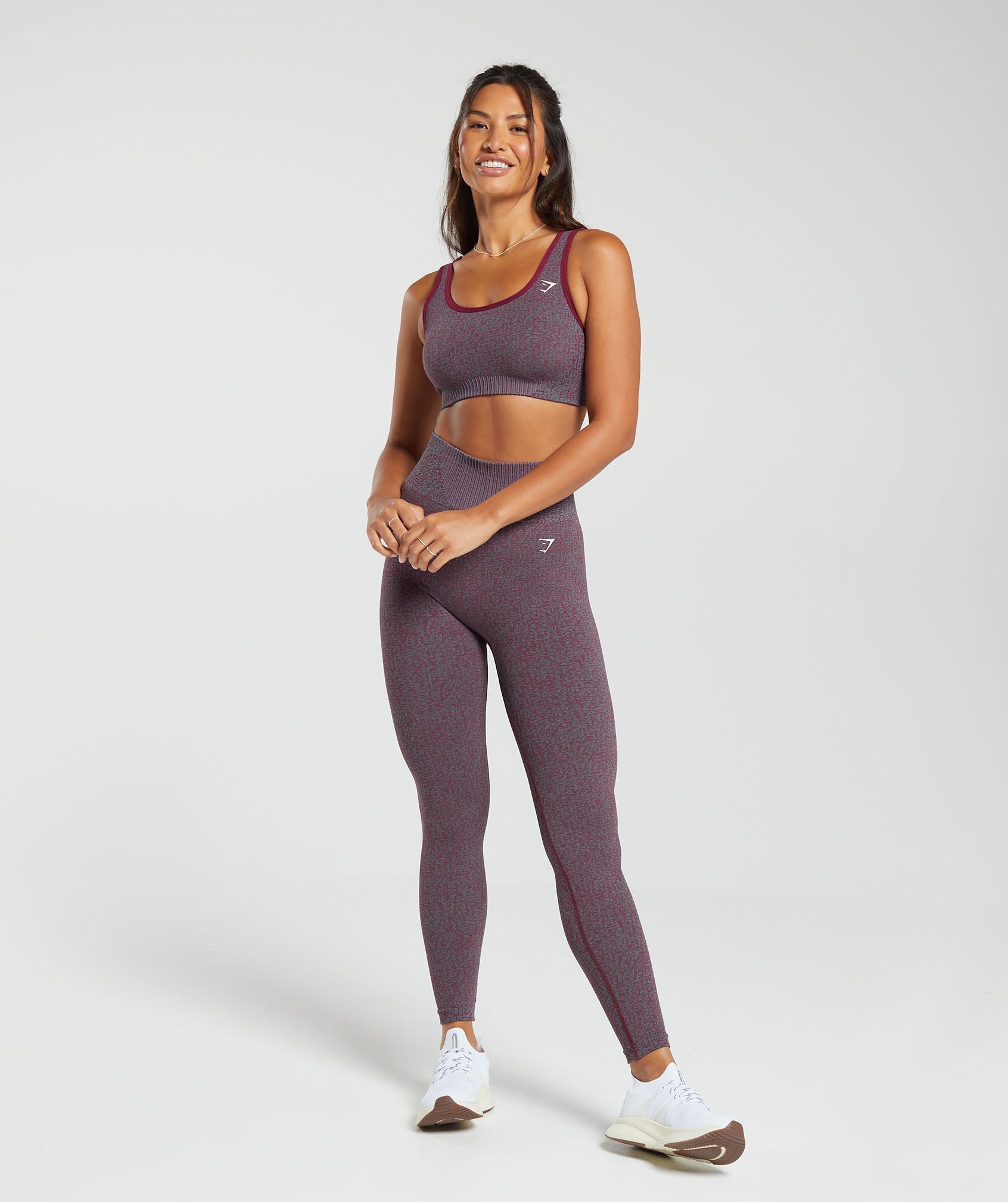 GYMSHARK Marl Seamless Scoop Sports Bra - Breathable Comfort Fit in Plum Pink & Dark Grey Heathered Blend