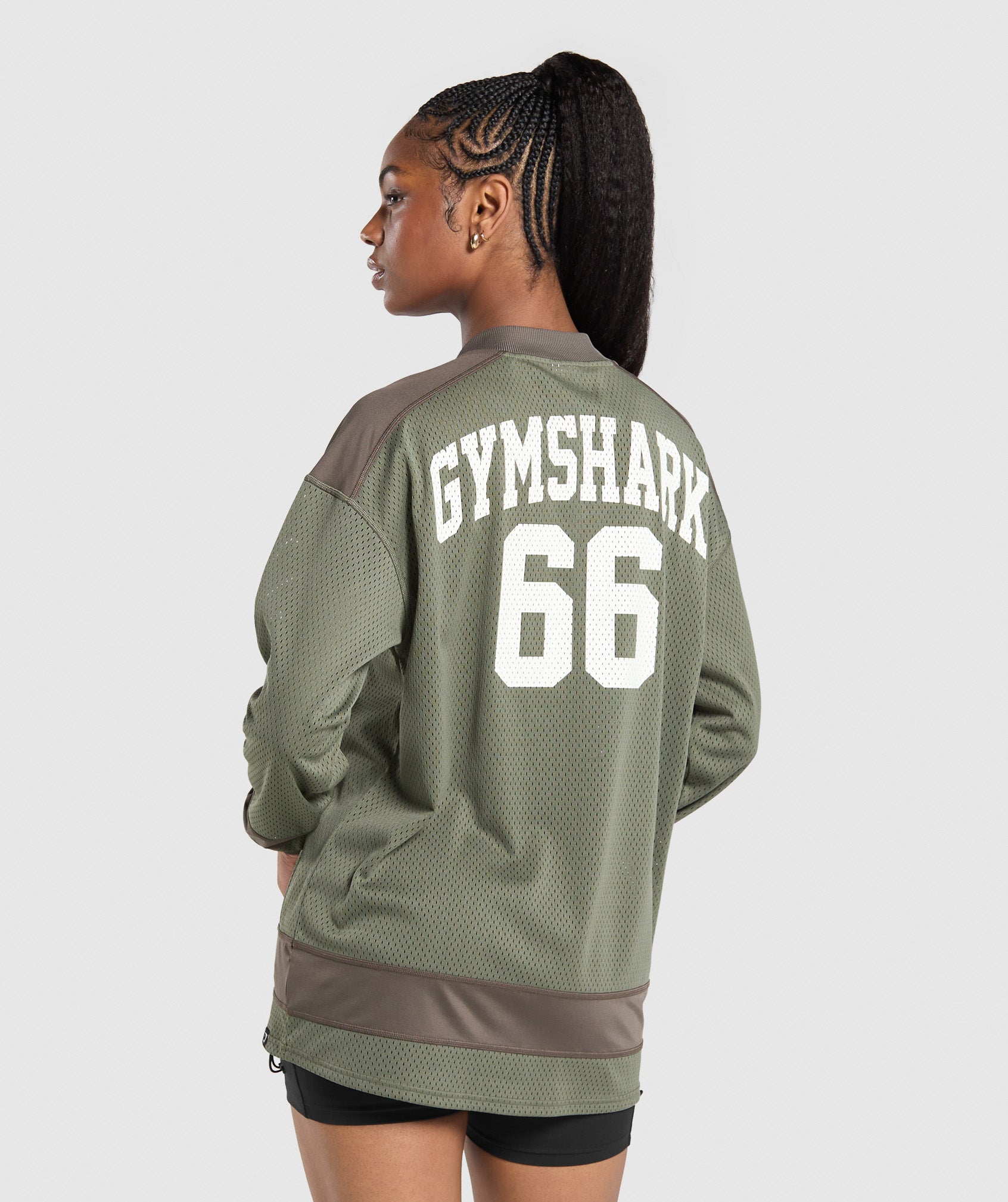 GYMSHARK Athletic Mesh Varsity Tee - Breathable Long Sleeve Performance Top in Base Green & Camo Brown Print