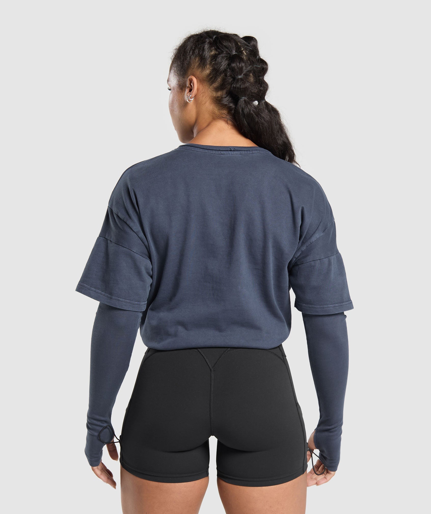 GYMSHARK Gymshark Vintage Fade Premium Two-in-One Long Sleeve Shirt - Distressed Heavy Blue Wash 