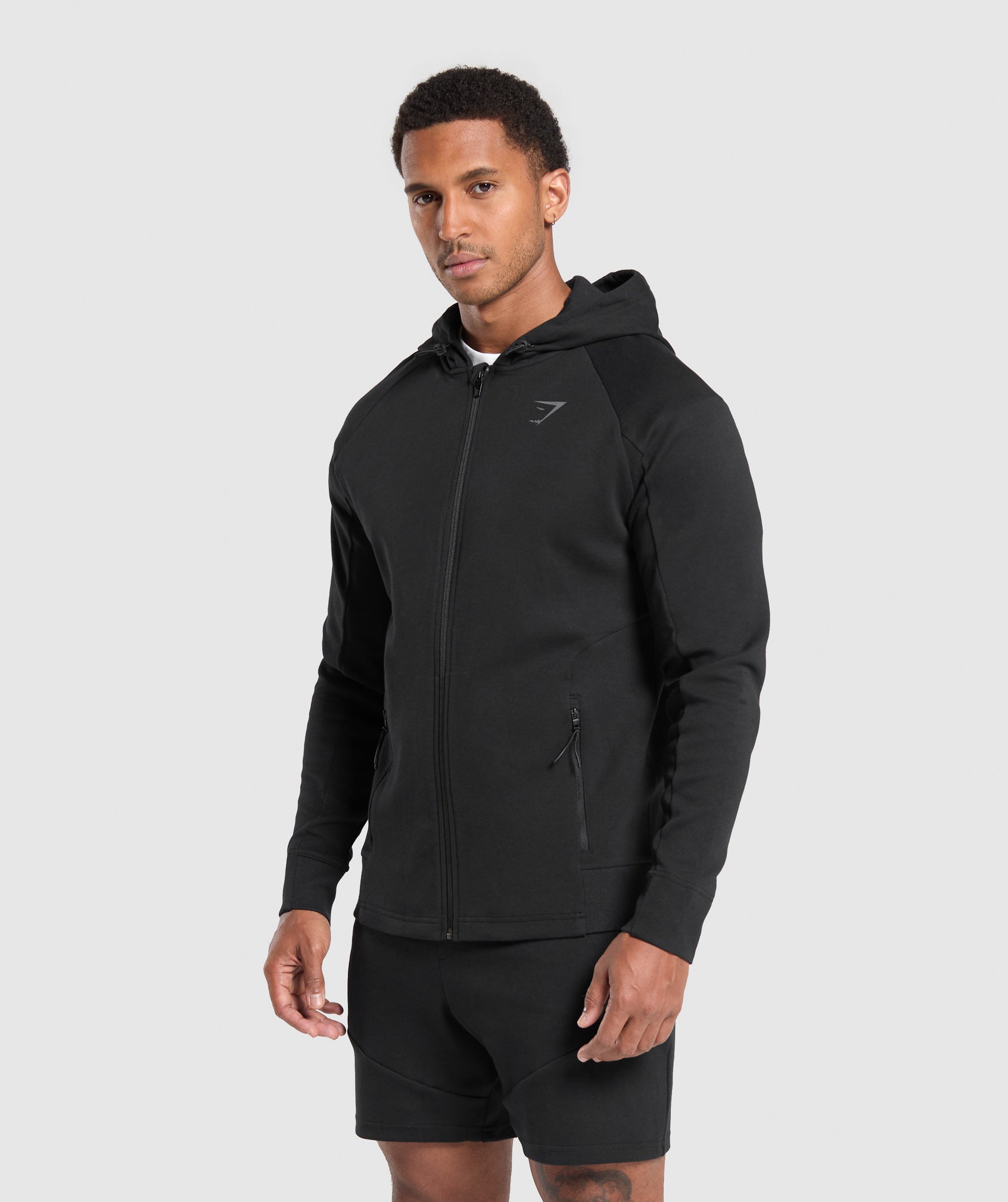 GYMSHARK Interlock Tech Zip-Up Hooded Sweatshirt - Classic Black 